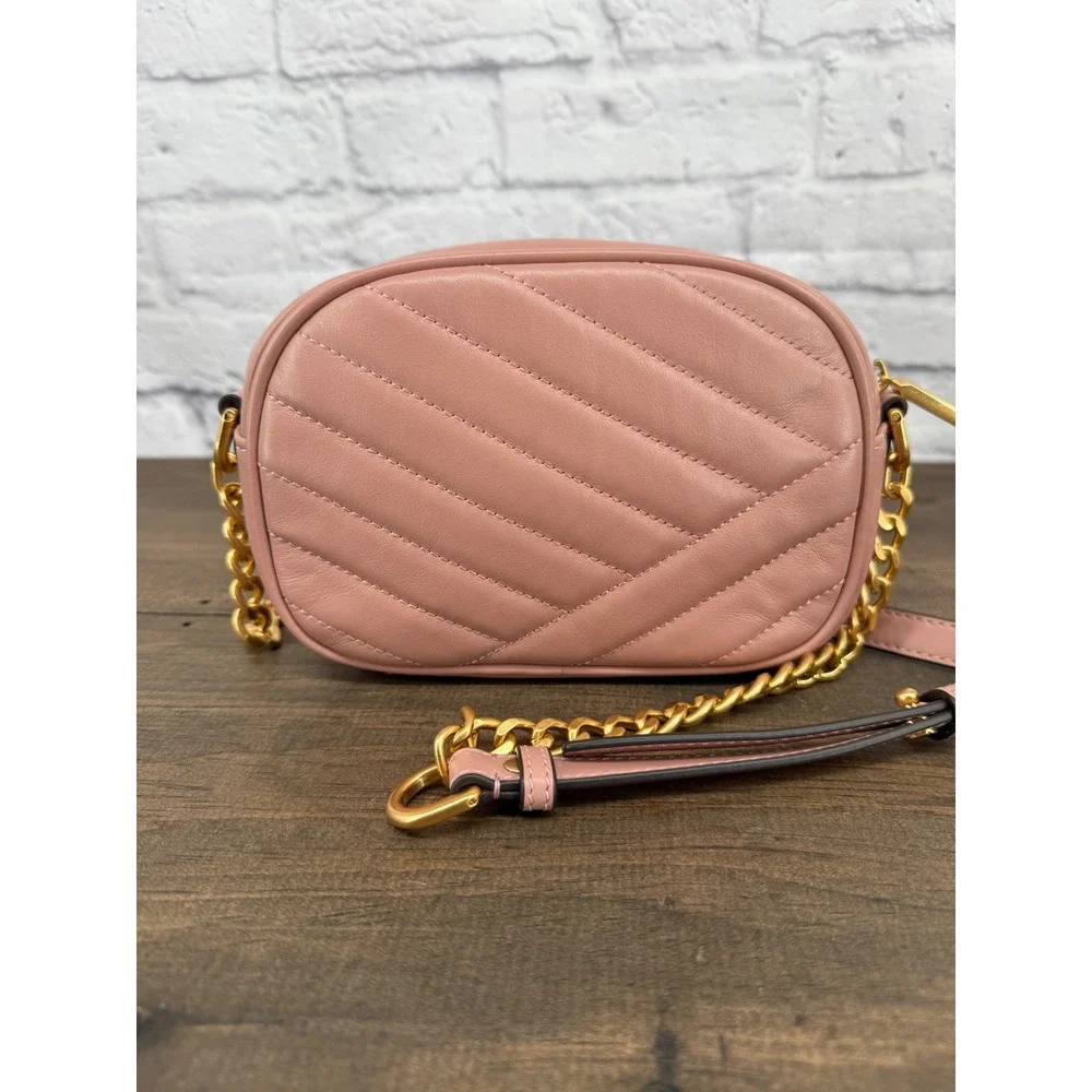 Tory Burch Kira Chevron Small Camera Bag Pink Moon Quilted Leather Crossbody
